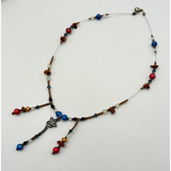 Handcrafted Multicolor Beaded Necklace with Silver Tone Flower Accent Boho - Picture 2 of 6